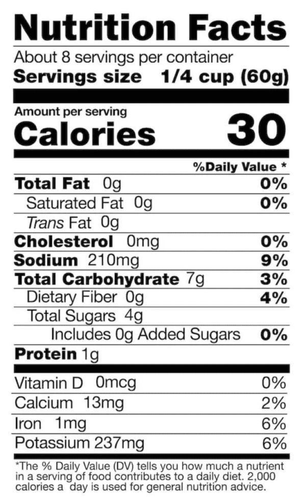 Nutrition facts for 1/4 cup (60g) serving.